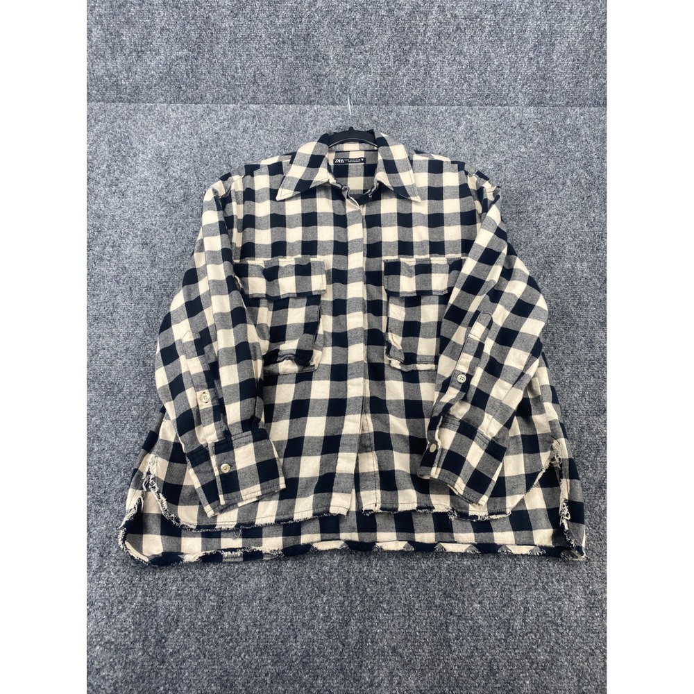 Zara Buffalo Plaid Flannel Shirt Womens XS Black White Raw Hem Button Down Check